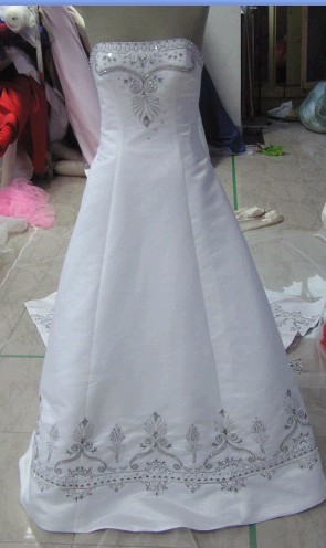 wedding gowns made of satin, with embroidered