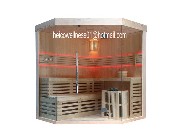 Model: TS4013LModel: TS4013L      (1) Complete Sauna room for 4 persons (2) Material: Finland Pine (3) Internal Sauna heater: 9KW (4) Backrest: LED strip light in 15 colors (5) Door Handles:  oroutside is stainless steel and inside is wooder (6) 8mm tempered glass (7) Bucket, Spoon, Hourglass, Thermometer, Hygrometer
