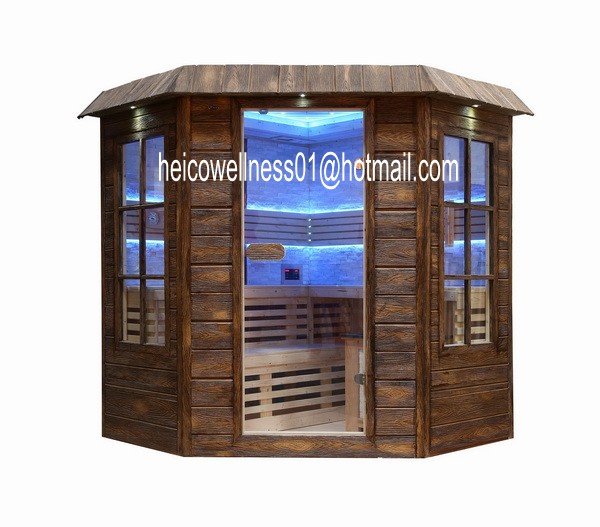 (1) Complete Sauna room for 5 persons (2) Material: Finland Pine (3) Sauna heater: 9KW,heater cabinet in white marble and marble ring for decoration  (4) Digital control panel  (5) White marble stone for wall decoration  (6) Roof: with theater ceiling, starlight in 7 colors and LED strip light in 15 colors (7) Backrest:LED stip light in 15 colors (8) Radio|CD|MP3 Player with integrated speakers (9) 8mm tempered glass (10) Bucket,Spoon,Hourglass, Thermometre,Hygrometer (11) Two mirrors of the wall