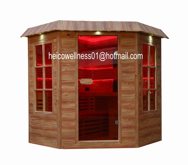 (1) Complete Sauna room for 4 persons (2) Material: Finland Pine (3) Sauna heater: 9KW,heater cabinet in Red marble and marble ring for decoration  (4) Digital control panel  (5) Red marble stone for wall decoration  (6) Roof: with theater ceiling, starlight in 7 colors and LED strip light in 15 colors (7) Backrest:LED stip light in 15 colors (8) Radio|CD|MP3 Player with integrated speakers (9) 8mm tempered glass (10) Bucket,Spoon,Hourglass, Thermometre,Hygrometer (11) Two mirrors of the wall