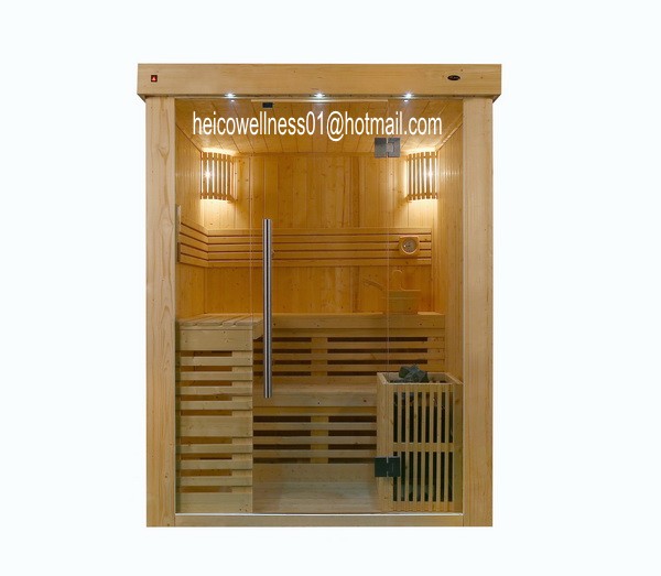 (1) Complete Sauna room for 3 persons (2) Material: Finland Pine (3) Internal Sauna heater: 6KW (4) Door Handles:  outside is stainless steel and inside is wooder (5) 8mm tempered glass (6) Bucket, Spoon, Hourglass, Thermometer, Hygrometer
