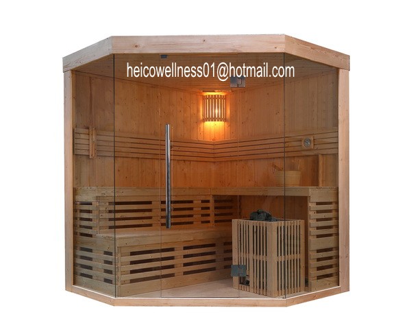 (1) Complete Sauna room for 4 persons (2) Material: Finland Pine (3) Internal Sauna heater: 9KW (4) Door Handles:  oroutside is stainless steel and inside is wooder (5) 8mm tempered glass (6) Bucket, Spoon, Hourglass, Thermometer, Hygrometer