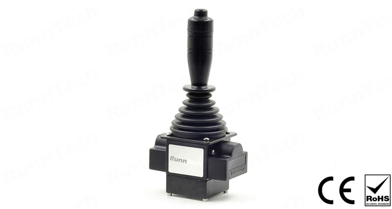 Product configuration: RT200-MS-1-P2(10K)-03(589)-HD6-M1 RT200: RunnTech 200 series single-axis joystick; MS: friction hold and lock-in at centre (zero) position; P2: simple 1 direction output; 10K: 10K ohm precision potentiometer; 03: 3 directional contacts; 589: contacts @ -32° to -3°, -3° to +3° and +3° to +32°; HD6: RunnTech joystick grip, top with self lock button; M1: mounting dimension: 56x56mm, central hole: 63mm;