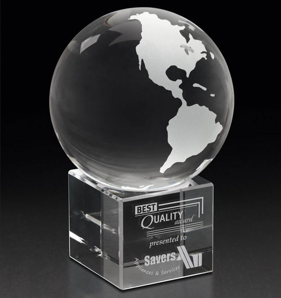 Crystal globe on engraved pedestal