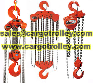 Chain pulley blocks is durable with competitve price Manual chain hoist applications and pictures Chain pulley blocks also know as manual chain hoist, hand chain hoist, chain block and so on.  Chain pulley blocks is durable with alloy steel grade G80 chains, galvanized calibrated hand chains, high strength of alloy steel.  Chain pulley blocks are cut on hobbing machines for accuracy duly hardened and tempered ensuring optimum strength, ratchet and pawl made of hardened and carbon steel, safety and ease in locking of the loads.  Shan Dong Finer Lifting Tools co.,LTD produce manual chain hoist for more than 20 years professionally, our chain hoist are provided with free maintenance spares and also with two years quality warranty.  Manual chain hoist is all steel construction for external impact resistance, meet all pertinent world standard.  Manual chain hoist with double pawls and guide rollers enhance performance, safety and reliability, lifting hook can be choosed casted latch or steel plate latch.  Regarding chain pulley blocks price list, manual chain hoist applications, lifting hoist pictures, hand chain hoist details, please kindly feel free contact with us. Professionally service hope will get your satisfaction.  Shan Dong Finer Lifting Tools co.,LTD   Skype: faithjiang888 Email: info@cargotrolley.com    Website: http://www.cargotrolley.com/
