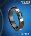 6mm Black Ceramic Ring with Silver , Wood and Abalone inlaid for Lady