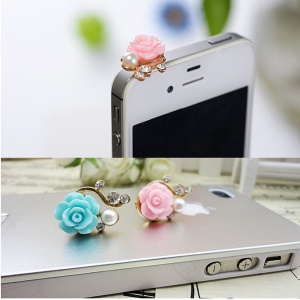 Charming Flower Pearl Rhinestone Headset Anti Dust Ear Cap Plug Stopper For IPhone Samsung HTC