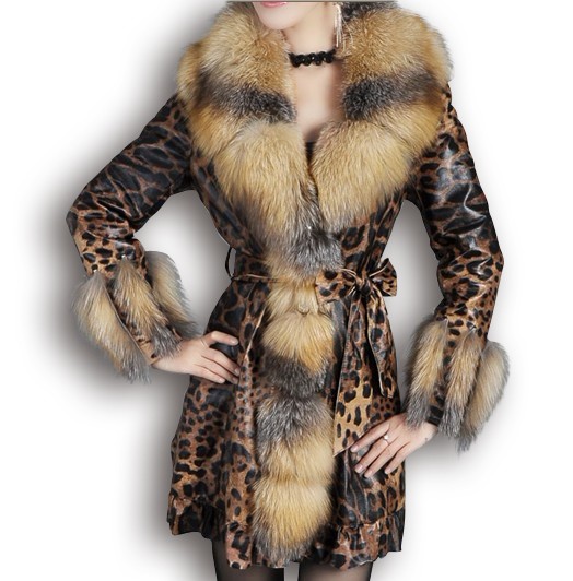 New Style Sheep Skin Leather With Large Fox Fur Mink Fur Long Coat