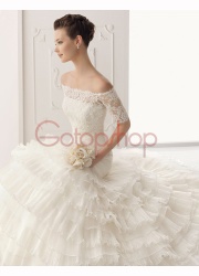 Glorious A-Line High-neck Short-Sleeve Court Train Tiered Lace Wedding Dresses