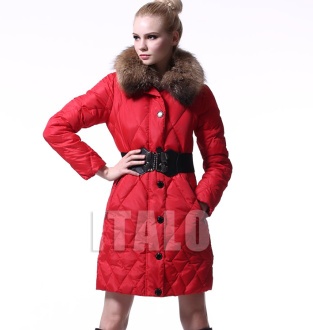 Woman Eiderdown 100%Raccoon Fur Collar 90%White Duck Down Long Slim Style Wholesale/Retail Color red