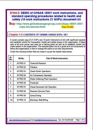 OHSAS 18001 process work instructions for certification and norma 18001 sops  (21 sop, 4 exhibits and 10 work instructions) document kit