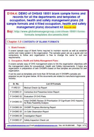 OHSAS 18001 blank sample forms and records for all the departments and templates of occupation, health and safety management plans.