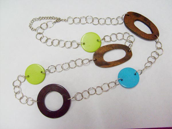 Necklace is made of wood,acrylic and chain.